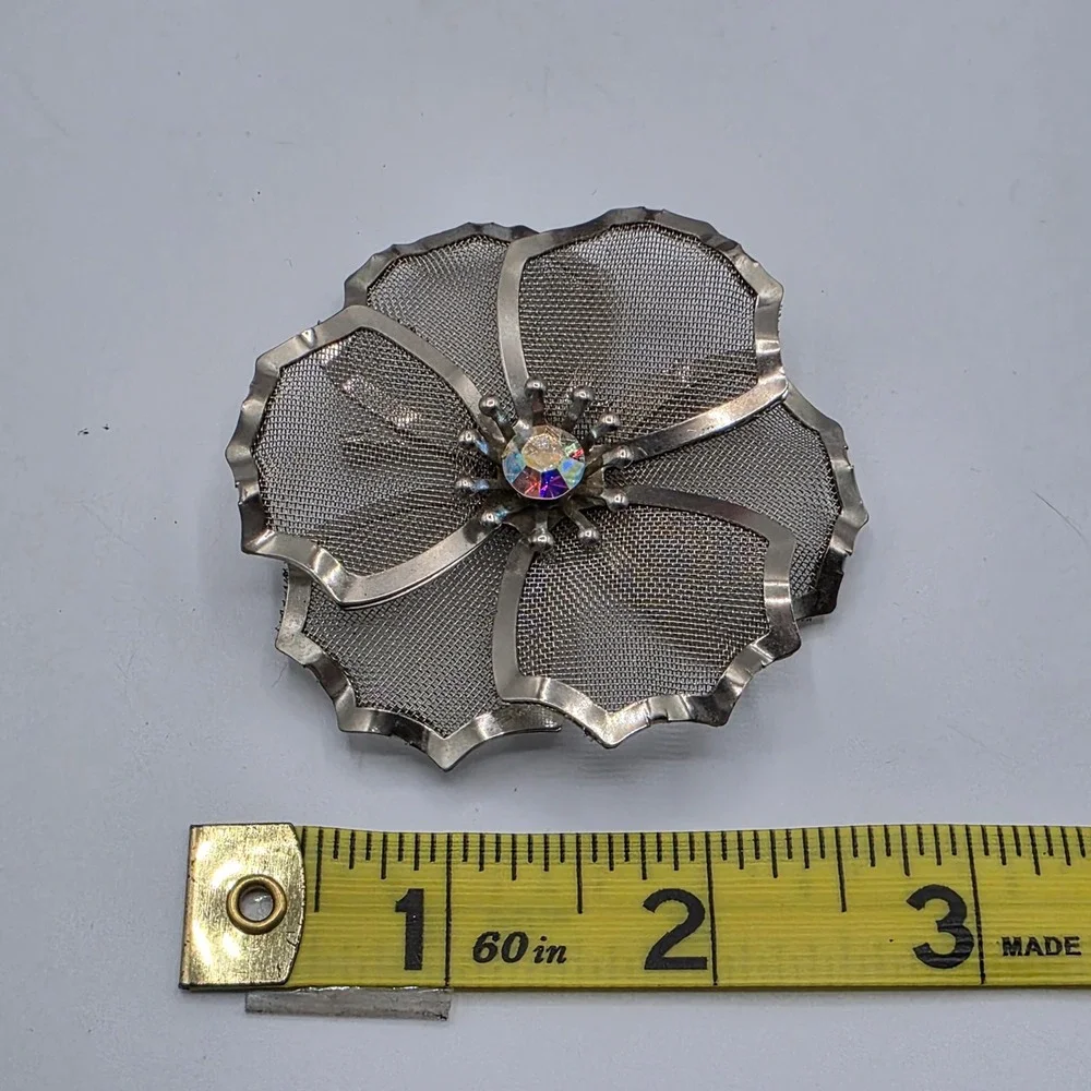 Vintage BED Silver Tone Mesh Flower‎ Brooch Aurora Borealis AB Rhinestone Pin